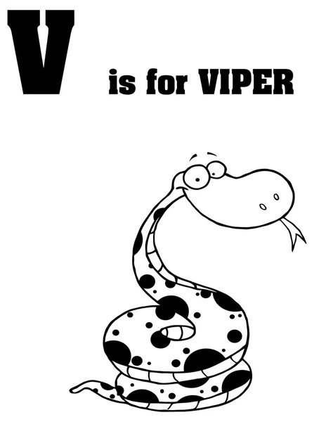 Letra del alfabeto V con víbora de dibujos animados — Vector de stock