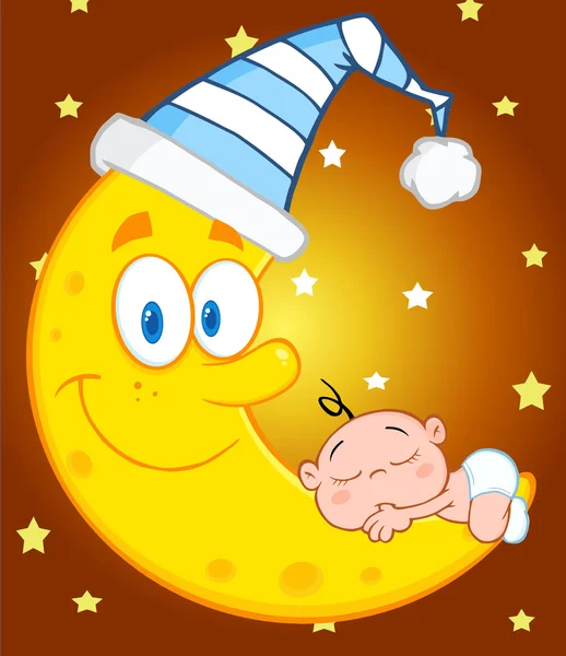 Cute Baby Boy Sleeps On The Moon — Stock Vector