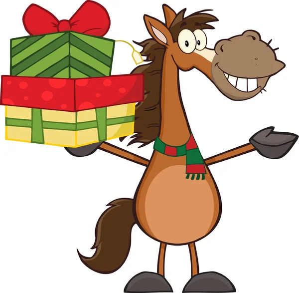 Χαμογελώντας άλογο που κρατά ψηλά δώρα. — Διανυσματικό Αρχείο