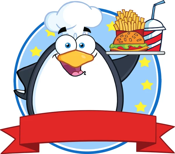 Pingüino sosteniendo un plato con comida — Vector de stock