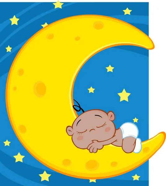 Africano bebé niño duerme en la luna — Vector de stock