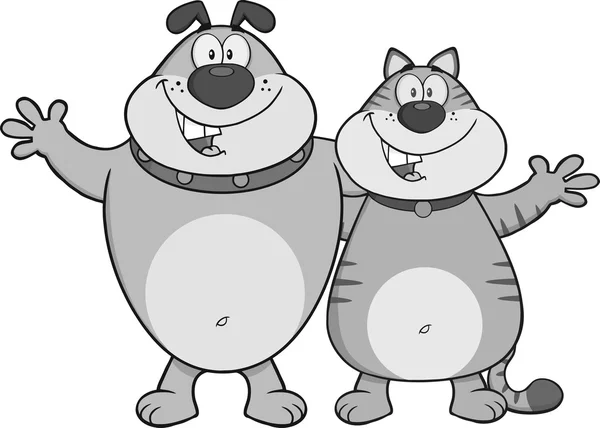 개와 고양이 만화 캐릭터 포옹 — 스톡 벡터