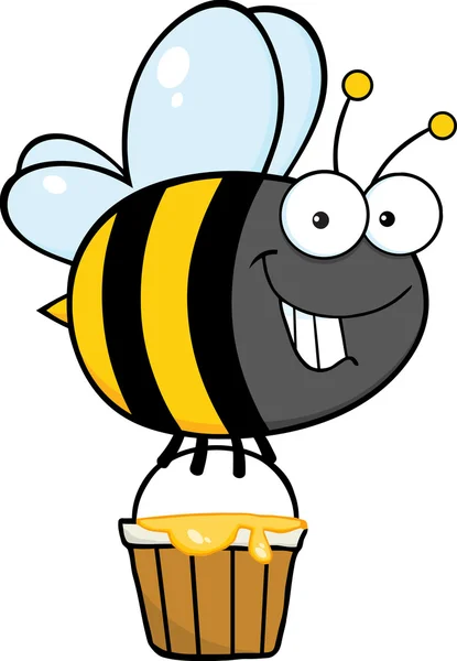 Carácter de abeja con un cubo de miel — Vector de stock