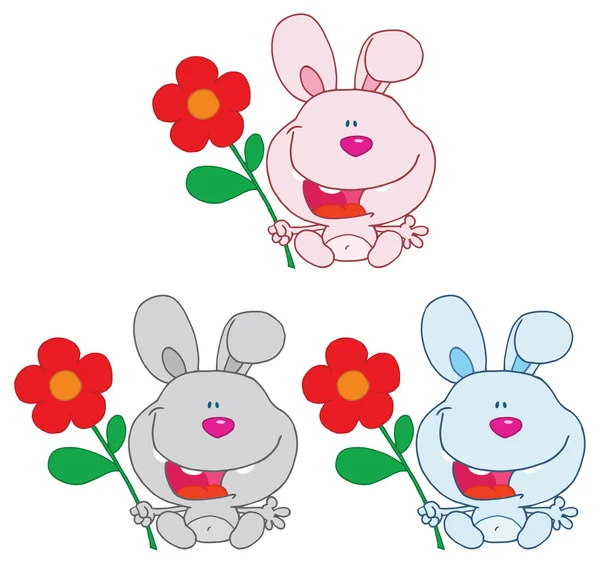 Bunny Rabbits Holding Flowers — Stock Vector