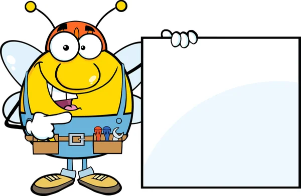 Trabajador Pudgy Bee con signo en blanco — Vector de stock
