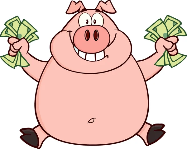 Rich Pig Jumping With Cash. — Stock Vector