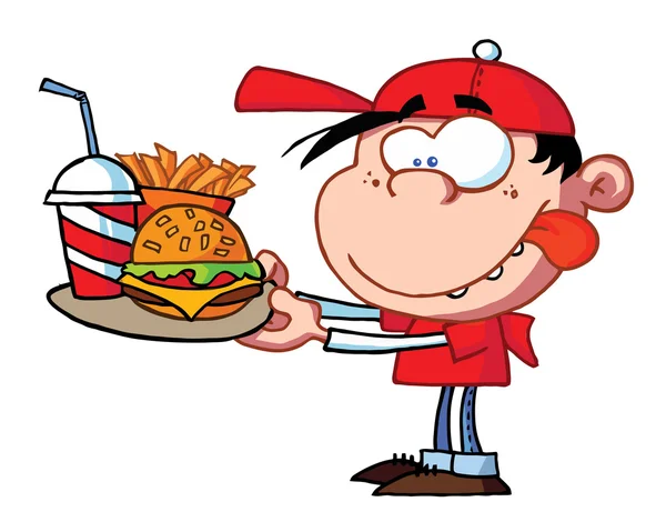 Garçon avec Cheeseburger, frites et boisson — Image vectorielle