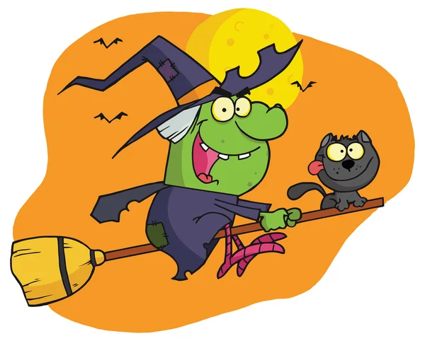 Halloween heks en kat — Stockvector