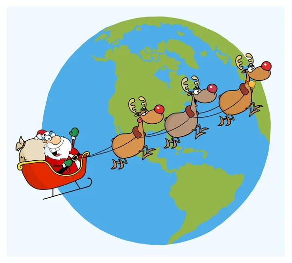 Santa claus flying with reindeer — Stock Vector