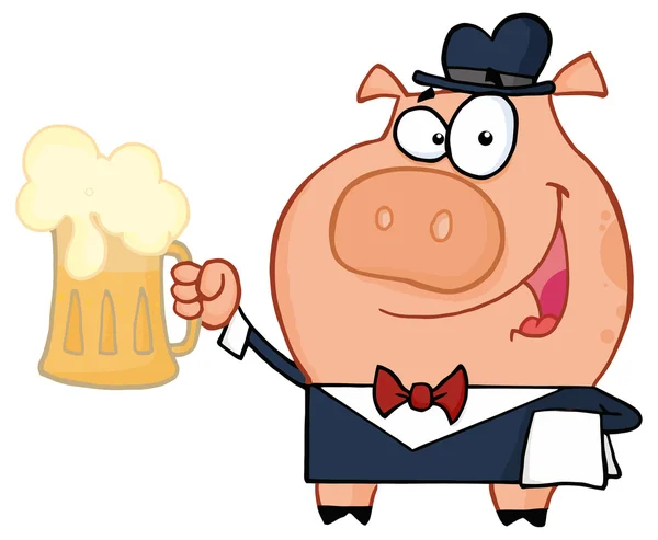 侍者猪与啤酒 — 图库矢量图片