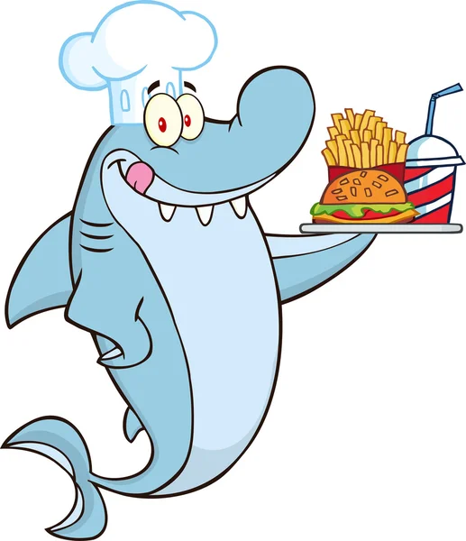 Chef Shark com hambúrguer e batatas fritas . —  Vetores de Stock