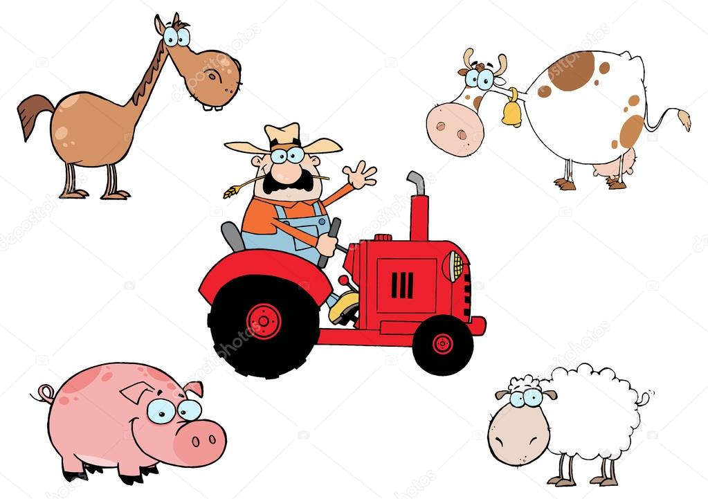 Farm Animals And Farmer On Tractor