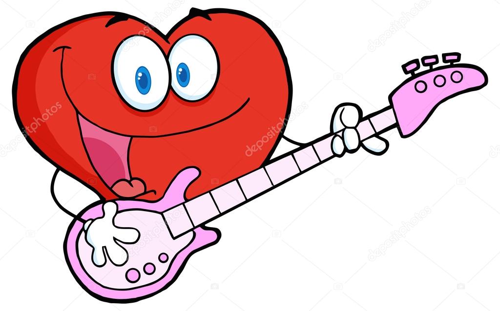 Happy romantic cartoon Heart character playing guitar
