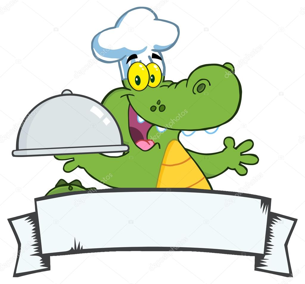 Happy Crocodile Chef Holding A Platter Over A Blank Banner
