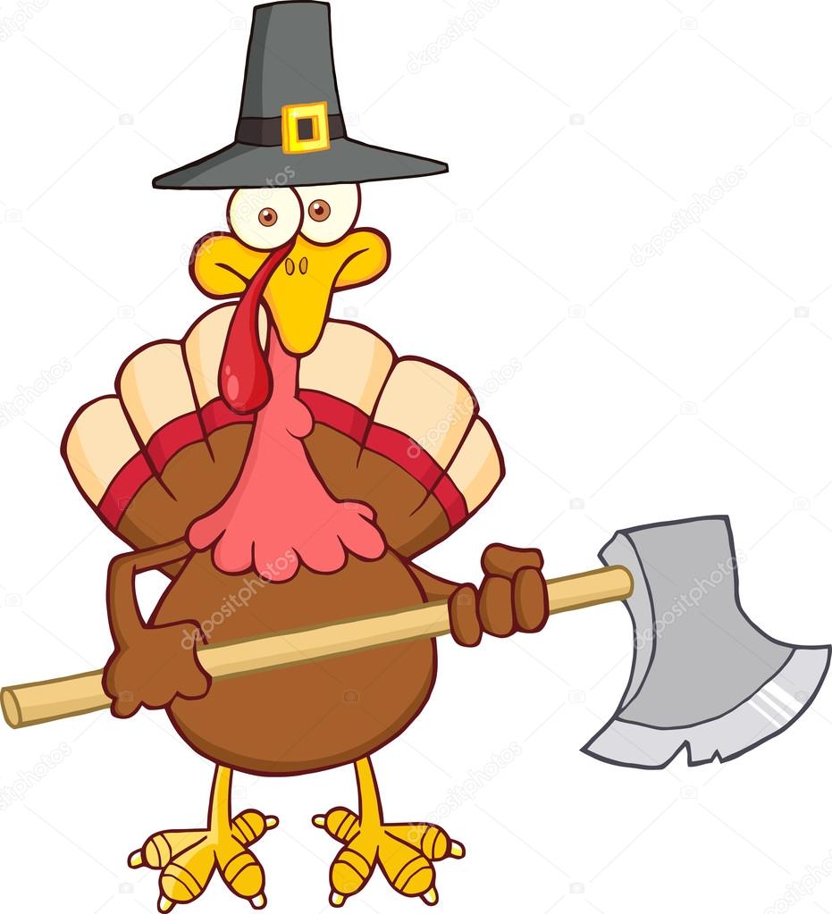 Turkey cartoon character with pilgrim hat and axe