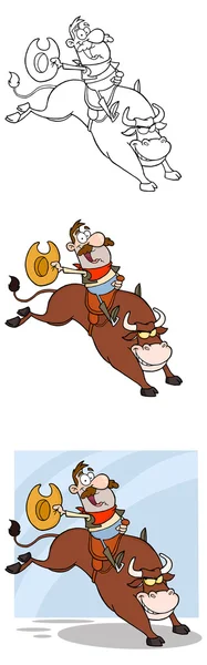 Cowboy paardrijden stier in rodeo — Stockvector