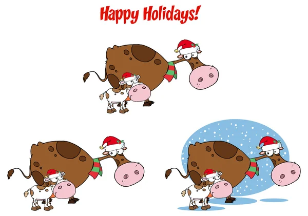 Christmas Cow and Calf Cartoon Character. — Stock Vector