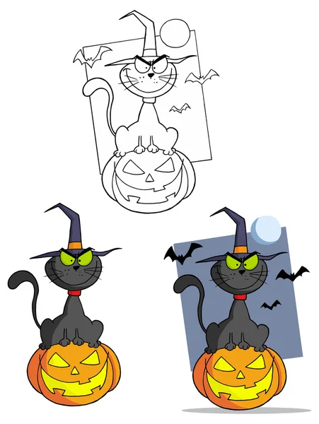 Gato de Halloween y calabaza — Vector de stock