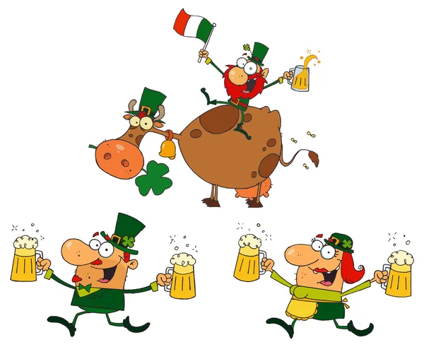 Green Leprechauns Dancing With Cow. — Stock Vector