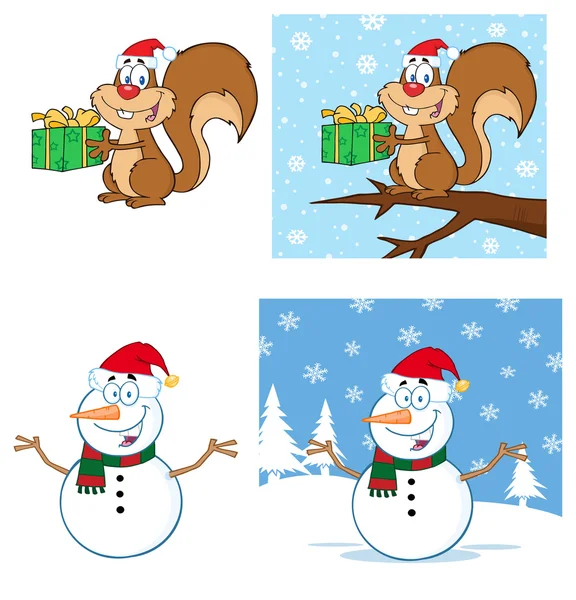 Navidad ardilla y muñeco de nieve — Vector de stock