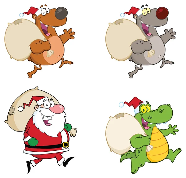 Santa Claus And Animals Running — Stock Vector