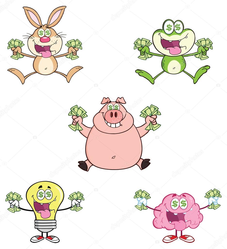Mascot Cartoon Characters With Money.