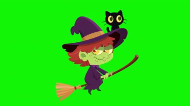 Kara Kedi Karakterli Cadı Süpürgede Uçan ve Gülen Şeytani 4K Cadılar Bayramı animasyon video animasyon grafikleri Yeşil Ekran Arkaplanı