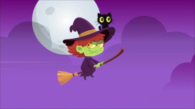 Kara Kedili Cadı Süpürgede Uçuyor ve Gülüyor Şeytani 4K Cadılar Bayramı Canlandırması Görüntü Grafikleri Arkaplanı  