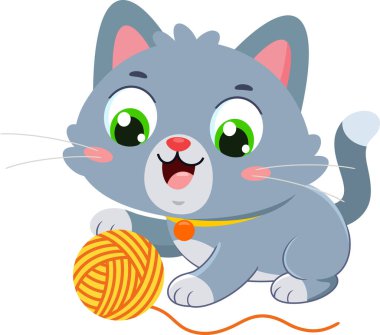 Mutlu Gri Kedi Çizgi Filmi Karakteri İplik Topu Vektör Çizimi Düz Tasarım ile Oynuyor