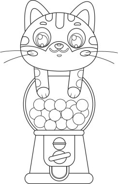 Komik Kedi Çizgi Filmi Karakteri Sakız Makinesinde Oturuyor Siyah ve Beyaz Vektör El Çizimi