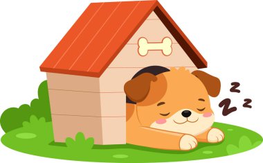 Şirin köpek otların üzerinde köpek kulübesinde huzur içinde uyuyor.
