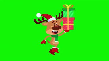 Komik Noel Geyiği Çizgi Filmi Karakteri Hediye 4K Animasyon Video Hareketi Renkli Yeşil Ekran Arkaplanlı GrafikleriName