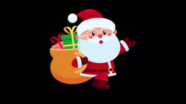 Komik Noel Baba Çizgi Filmi Karakteri Hediye Çantası ile çalışıyor 4K Animasyon Video Hareketi Siyah Arkaplan Grafikleri 