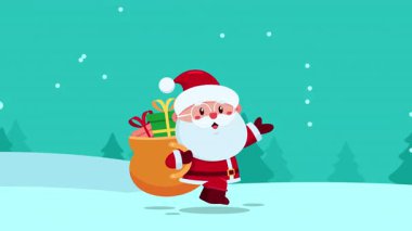 Komik Noel Baba Çizgi Filmi Karakteri Hediye Çantası ile çalışıyor 4K Animasyon Video Hareketi Arkaplan Grafikleri