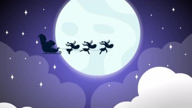 Noel Baba ve Elf Noel Kızağında Dolunay Önünde Ren Geyiğiyle Uçuyor 4K Animasyon Görüntüsü Gökyüzü Arkaplanlı Grafikleri  