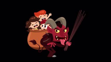 Krampus Or Christmas Devil Cartoon Character Walking With A Sack Of Crying Kids  4K Animation Video Motion Graphics on Black Background 