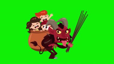 Krampus ya da Noel Şeytan Çizgi Filmi Karakteri Bir çuval Ağlayan çocukla Yürüyor 4K Animasyon Görüntüsü Grafikleri Kroma Anahtar Yeşil Ekran Arkaplanı 