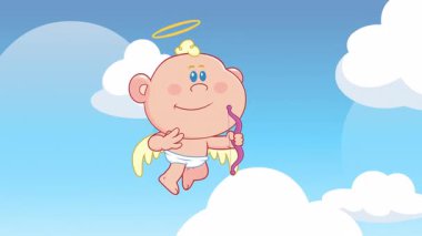 Sarı bir halesi ve beyaz kanatları olan mutlu bir çizgi film karakteri mor bir yay tutarken açık mavi gökyüzünde kabarık beyaz bulutlarla süzülür. Melek kalp okuyla ateş ediyor.