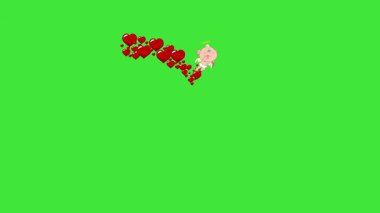 Uçan aşk tanrısı çizgi filmi yeşil arka planda yüzen kırmızı kalplerden oluşan uzun bir kalp izi bırakıyor.