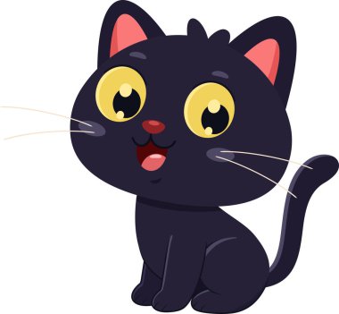 Mutlu kedi yerde rahat bir şekilde oturur, geniş bir gülümsemeyle ileriye bakar, parlak, büyük gözlerle..