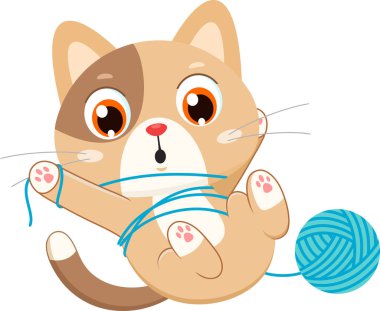 Şirin benekli bir kedi yerde oturuyor, ipliğe dolanırken yuvarlak top ipliğiyle mutlu bir şekilde oynuyor..