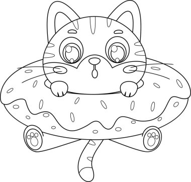 Büyük gözlü şirin çizgili bir kedi, büyük donmuş donutun içinde oturuyor, meraklı ve aç görünüyor. siyah ve beyaz renk sayfası