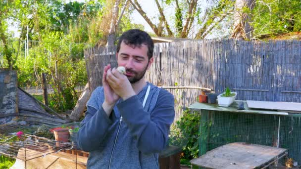 Чоловік цілується, тримаючи курку — стокове відео