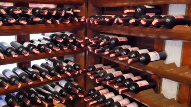 Бутылки для вина на полках — стоковое видео