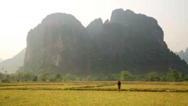 Vang Vieng con montañas de piedra caliza — Vídeo de stock