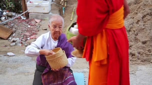 People give rice to monks as gift and get their blessing — Stock Video