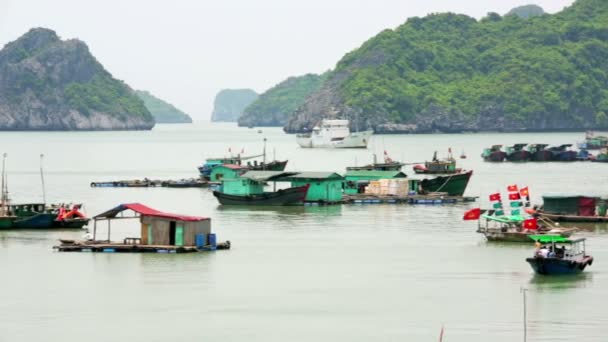 Floating village at limestone islands — Stock Video