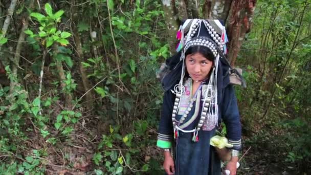 Akha mujer llevar agua en palo de bambú — Vídeo de stock