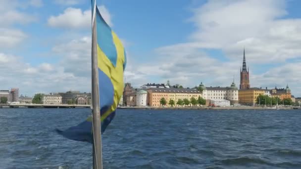 Ship with swedish flag in Stockholm — Stock Video