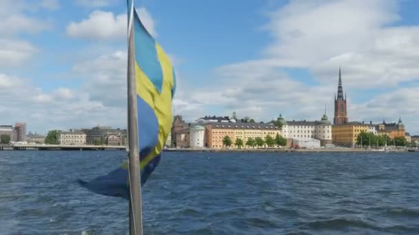 Levereras med Svenska flaggan i Stockholm — Stockvideo